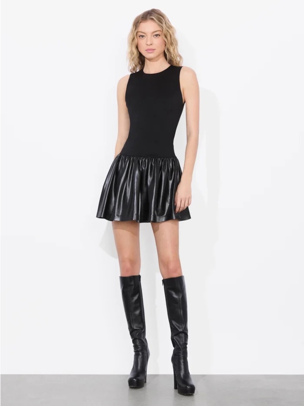 Alice + Olivia Black Sleeveless Mini Dress with Faux Leather Skirt